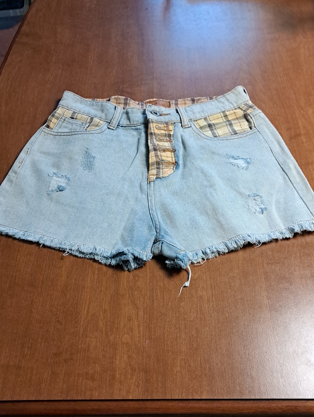 POL Light Blue Denim Shorts with Plaid Trim S